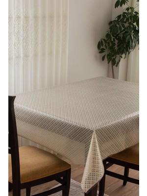Şeffaf Hasır Desenli Silinebilir Pvc Masa Örtüsü Bej Renk
