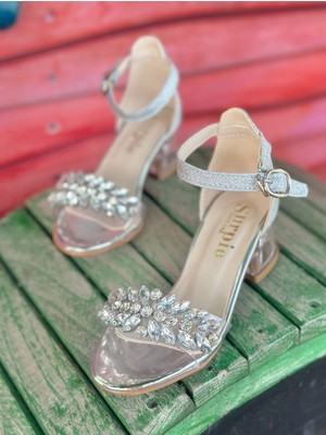 Surpie Shoes Çocuk Topuklu Ayakkabı, Taşlı Topuklu Ayakkabı, Şeffaf Topuklu Çocuk Ayakkabı