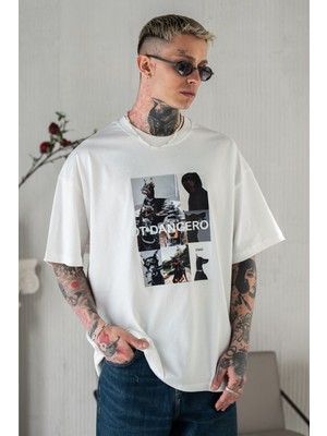 Erkek Beyaz Oversize Bol Kesim Baskılı Tişört %100 Pamuk