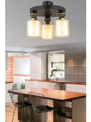 Şık Siyah 3'lü Mina Plafonyer Çift Camlı Aşağı Bakan Lüks Avize