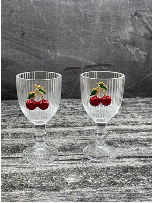 Turuncu 2'li Kristal Cam Kahve Yanı Su Bardağı, Kiraz Desenli, 75ML