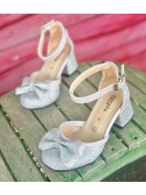 Kız Çocuk Topuklu Ayakkabı, Simli Fiyonklu Topuklu Ayakkabı