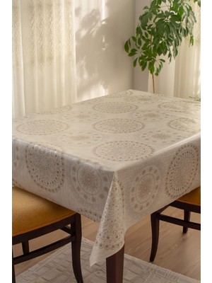 Astarlı Silinebilir Osmanlı Desenli Muşamba Pvc Masa Örtüsü Bej Renk