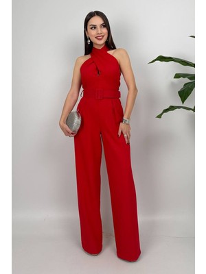 Amber Kadın Kemer Detaylı Askılı Bol Paça Kırmızı Tulum – Rahat Şık Yazlık Kombin