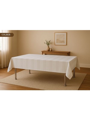 Çizgili Desenli, Dertsiz, Krem Renkte, Pamuklu Masa Örtüsü