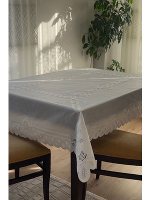 Şık Dantel Görünümlü Silinebilir Pvc Muşamba Masa Örtüsü Beyaz
