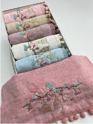 Renkli Kadife Nakışlı Ponponlu 6'lı Mutfak Havlu Seti 30X50 Kutulu