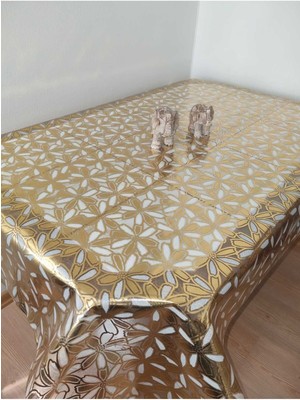 Yaldızlı Sarı Pvc Muşamba, Leke Tutmaz, Kolay Silinebilir, Yarı Şeffaf Masa Örtüsü