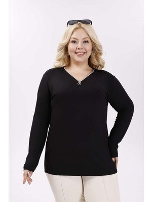 Balanne Viskon Likralı  Taşlı Anne Penye Bisiklet Yaka Uzun Kollu Anne Bluz Kadın Orta Yaş ve Üzeri