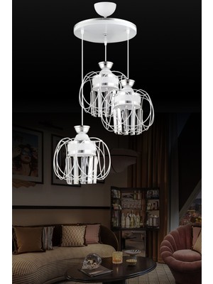 Beyaz 3'lü Güneş Krom Kristal Sarkıt Tepsi Lüks Avize