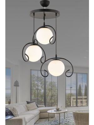 Şık Siyah 3'lü Sarkıt Tepsi, Menekşe Beyaz Top Camlı, Modern Avize Işıklandırma