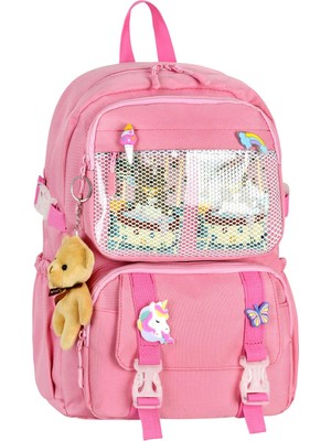 Kız Çocuk Pembe Unicorn ve Peluş Anahtarlıklı Okul Çantası - Şeffaf Cepli