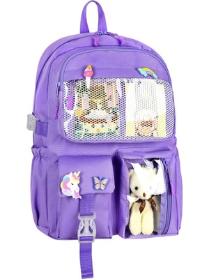 Kız Çocuk Mor Unicorn ve Peluş Oyuncaklı Okul Çantası - Şeffaf Cepli
