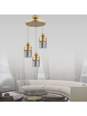 Şık 3'lü Eskitme Sarkıt Kristal Taşlı Silindir Avize, Sarı Şeritli, Beyaz