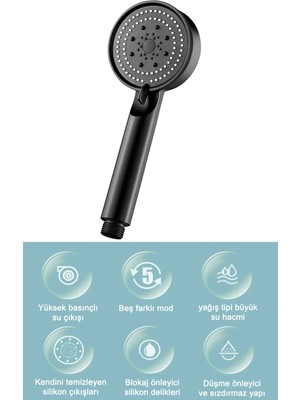 Sombra 5 Fonksiyonlu Sağlam Yapılı Su Tasarruflu Basınçlı Siyah Mat Banyo Duş Başlığı