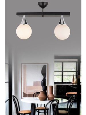 Şık Siyah ve Beyaz Camlı 2'li Plafonyer Lüks Avize Seti