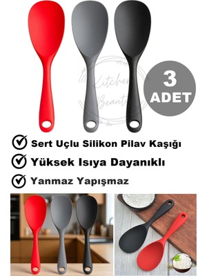 3'lü Çok Renkli Silikon Servis Kaşık Seti, Yanmaz, Dayanıklı, Asılabilir, Uçlu