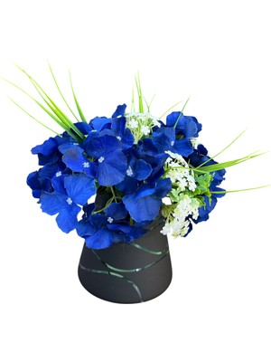 Sedosh Home Asimetrik Siyah Cam Vazoda Mavi Ortanca ve Kırçiçekleri Yapay Modern Çiçek Aranjmanı (25X25 Cm) – Dekoratif Masa Üstü Çiçek ve Hediye