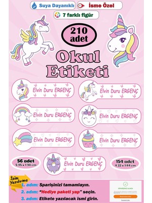 Ayza Tasarım Isme Özel Okul Etiketi Kalem Defter Etiketi Erkek Çocuk Unicorn Figürlü Isim Etiketi