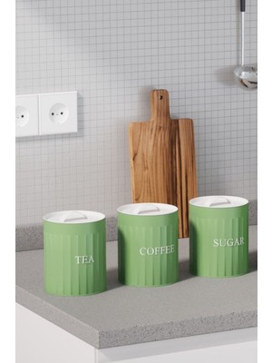 3’lü Metal Kapaklı Saklama Kutusu Seti, Çay, Kahve, Şeker, Yeşil ve Beyaz Renk