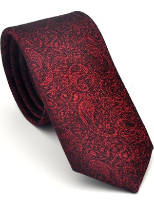 Şal Desenli Bordo Dokuma Kumaş Mendilli Slim Fit Kravat // SDK-2508-3