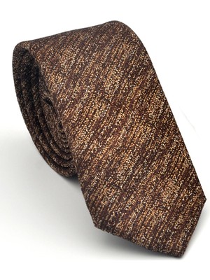 Bej Kırcıllı Desenli Açık Kahverengi Dokuma Kumaş Mendilli Slim Fit Kravat // SDK-2501-5