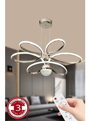 Üç Renkli Kumandalı Papatya Büyük Salon LED Avize, Krom Çerçeve, 1 Yıl Garanti