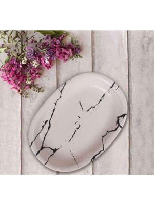 25 cm Mat Beyaz Mermer Desenli Kayık Tabak, Şık ve Kullanışlı Ev Dekoru.