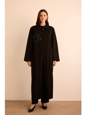 Çicek Baskı Detaylı Fermuarlı Ferace