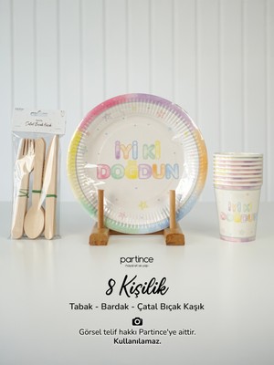 Makaron İyi Ki Doğdun Kullan At Tabak-Bardak-Çatal Kaşık Bıçak- Parti Seti 8 Kişilik 3'lü Set