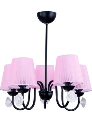 Şık 5'li Avize Seti, Siyah Renk, Pembe Şapkalı Tasarım, Modern ve Zarif.