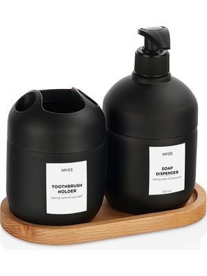Mons Qlux Sıvı Sabunluk Diş Fırçalık Seti Ahşap Stantlı Cam Banyo Seti C-00526 Hediyelik Kutulu