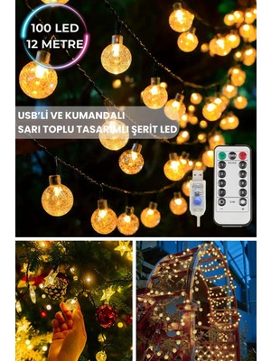 8 Modlu Sarı Ledli Kristal Toplu Işık, Kumandalı, Parti ve Süsleme Işığı