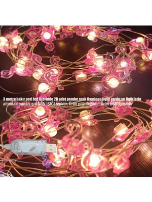 Pembe Flamingo Şekilli USB Gece Işığı, Renkli, 3 Metre, 28 Ampul, Pratik ve Şık Seçenek