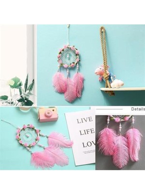 El Yapımı Kuş Tüyü ve LED Işıklı Dekoratif Asma Düş Rüya Kapanı, Sarı