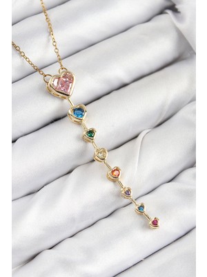 Pirinç Renkli Zirkon Taşlı Kalp Model Gold Renk Kadın Y Kolye