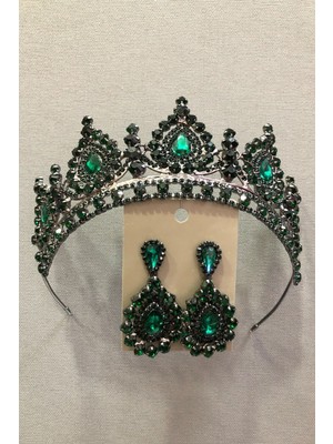 Zümrüt Yeşili Kristal Cam Taşlı Takım, Kına, Gelin Tacı ve Küpe Seti
