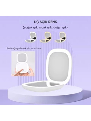 5x Büyüteçli, 3 Renk LED Işıklı, Taşınabilir, Katlanabilir, Şarjlı, Cep Boy Makyaj Aynası