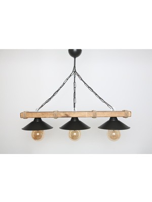 Doğal Ahşap 3'lü Halatlı Rustik Şapkalı Avize, Şık ve Sıcak Atmosfer Için.