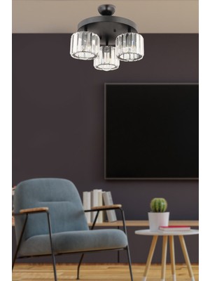 Modern Yuvarlak Kristal Avize, 3'lü Siyah Tasarım, Şık Salon Aydınlatması