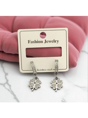 Kadın Zirkon Taşlı Yonca Detaylı Çelik Küpe