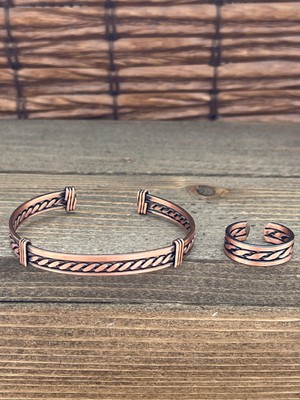 Aida Jewelss Ayarlanabilir Ölçü Saf Bakır Bileklik Yüzük Seti Bakır Bileklik Bakır Yüzük Set