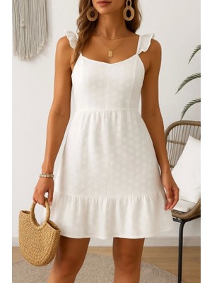 Kadın Omuz Askılı Eteği Volan Detay Brode Elbise