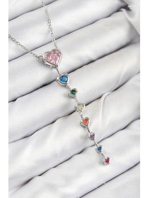 Pirinç Renkli Zirkon Taşlı Kalp Model Gümüş Renk Kadın Y Kolye