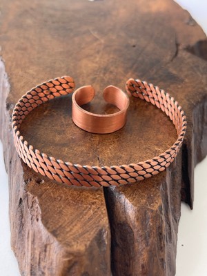 Ayarlanabilir %100 Saf Bakır Bileklik Bakır Yüzük Kombini El Yapımı Bileklik Yüzük
