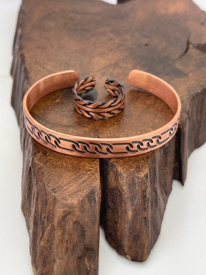 Ayarlanabilir %100 Saf Bakır Bileklik Bakır Yüzük Kombini El Yapımı Bileklik Yüzük