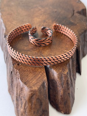 Ayarlanabilir %100 Saf Bakır Bileklik Bakır Yüzük Kombini El Yapımı Bileklik Yüzük