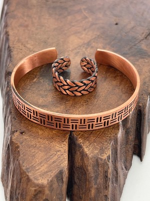 Ayarlanabilir %100 Saf Bakır Bileklik Bakır Yüzük Kombini El Yapımı Bileklik Yüzük