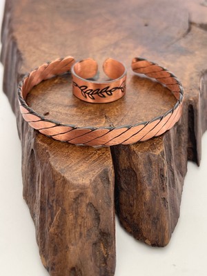 Ayarlanabilir %100 Saf Bakır Bileklik Bakır Yüzük Kombini El Yapımı Bileklik Yüzük