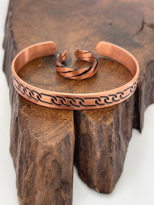 Ayarlanabilir %100 Saf Bakır Bileklik Bakır Yüzük Kombini El Yapımı Bileklik Yüzük